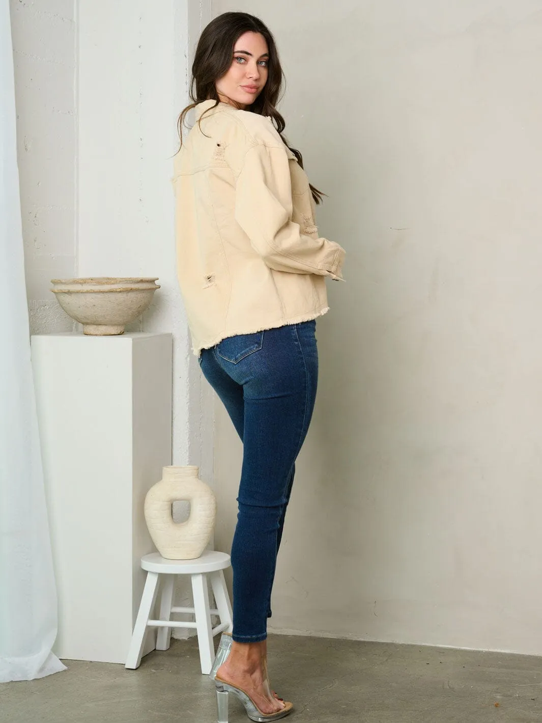 WOMEN'S LONG SLEEVE BUTTON UP DISTRESSED DENIM JACKET