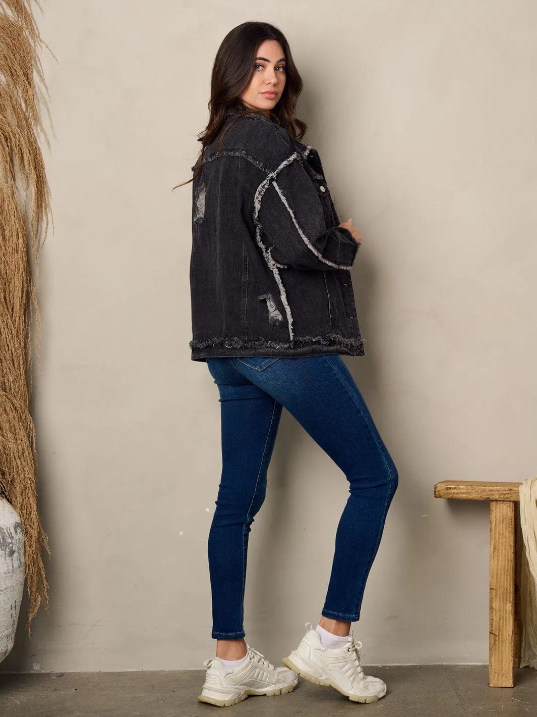 WOMEN'S LONG SLEEVE BUTTON UP DISTRESSED JACKET