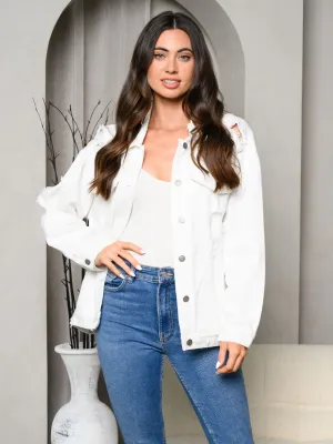 WOMEN'S LONG SLEEVE WASHED DISTRESSED BACK DETAILED DENIM JACKET