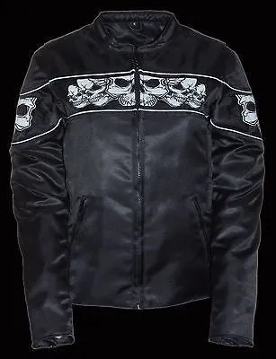 WOMEN'S REFLECTIVE SKULL MOTORCYCLE TEXTILE CROSSOVER SCOOTER JACKET NEW BLACK