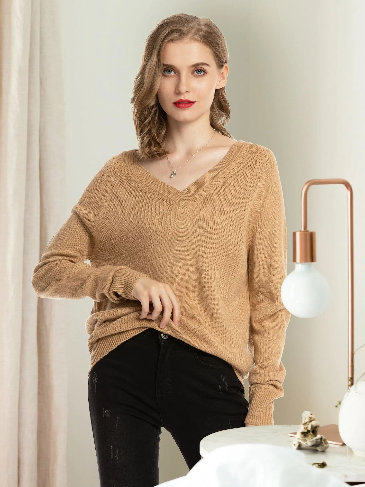 Woolen Bloom V Neck Lightweight Long Sleeve Knit Sweater