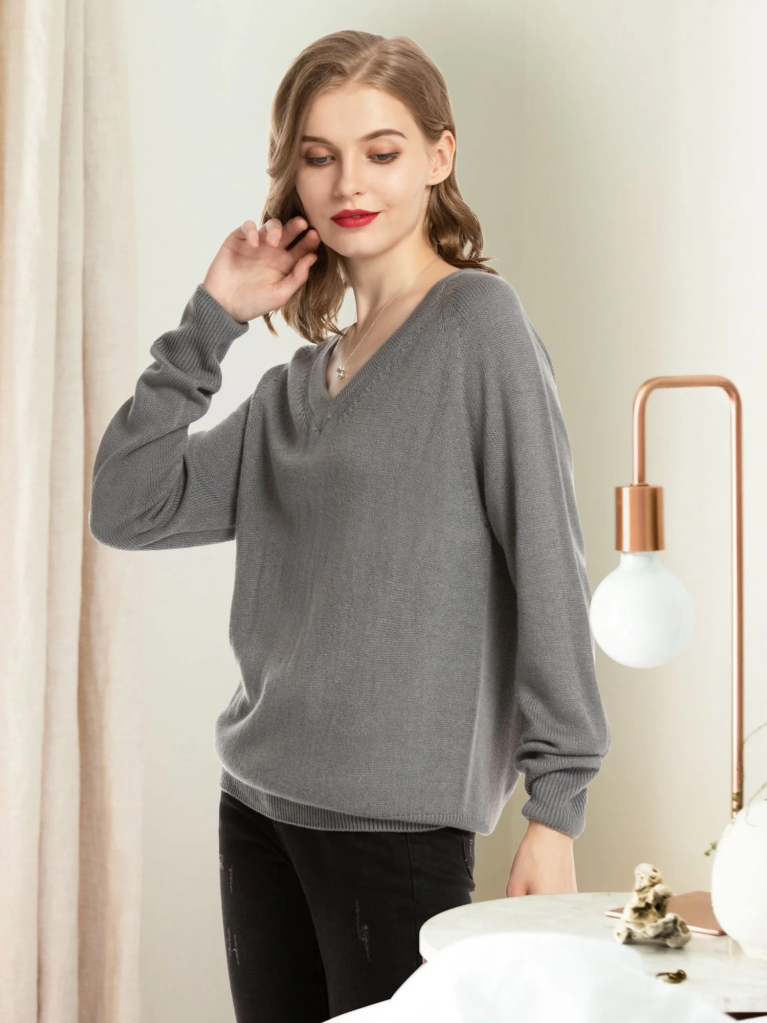 Woolen Bloom V Neck Lightweight Long Sleeve Knit Sweater