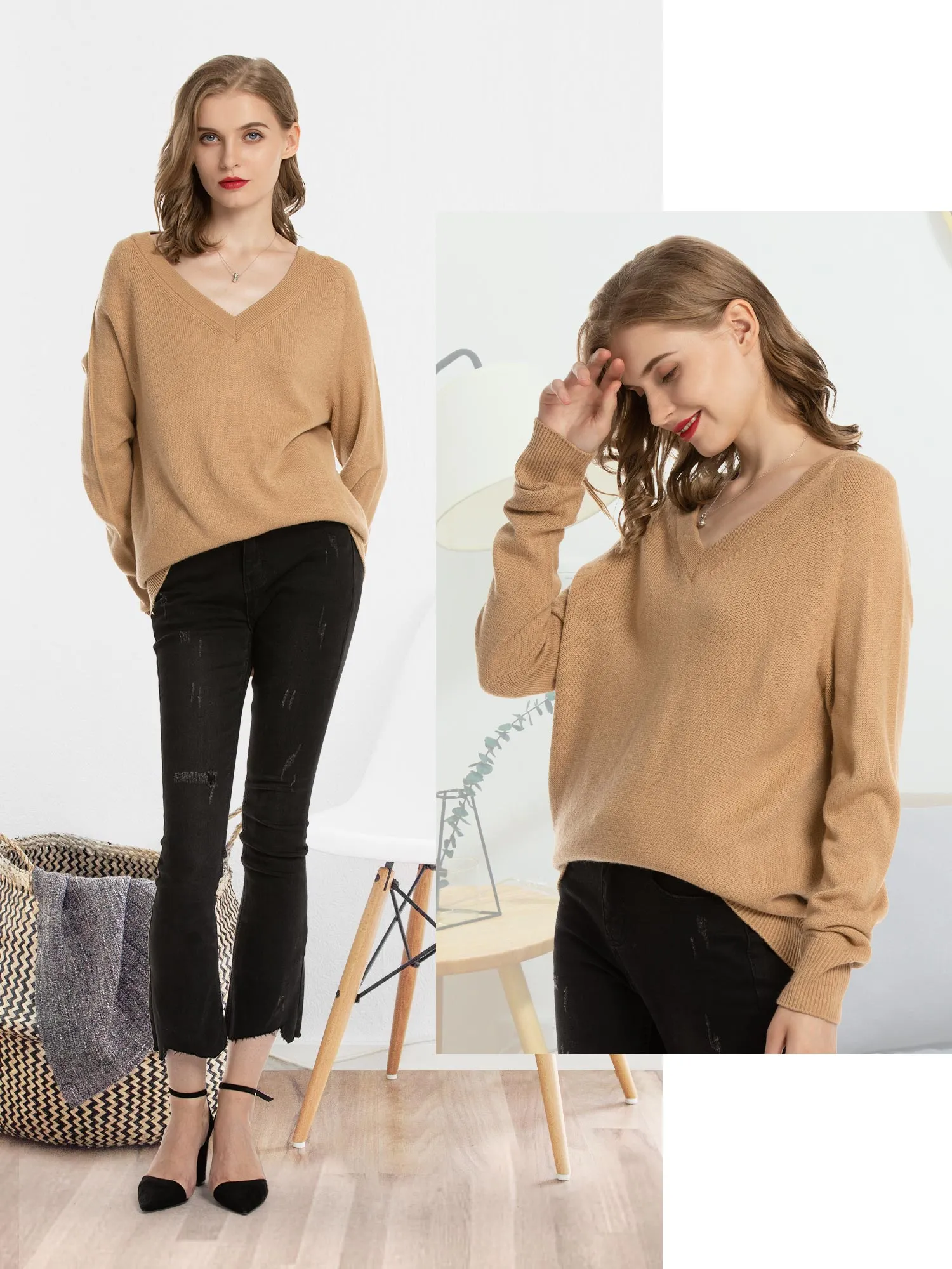 Woolen Bloom V Neck Lightweight Long Sleeve Knit Sweater