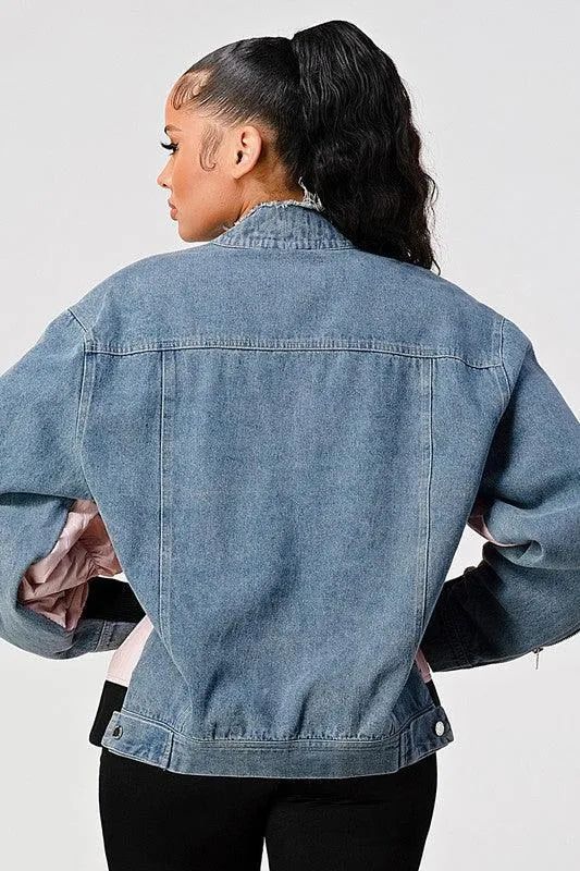 ZIP UP DENIM BOMBER JACKET WITH ZIPPERED SLEEVES