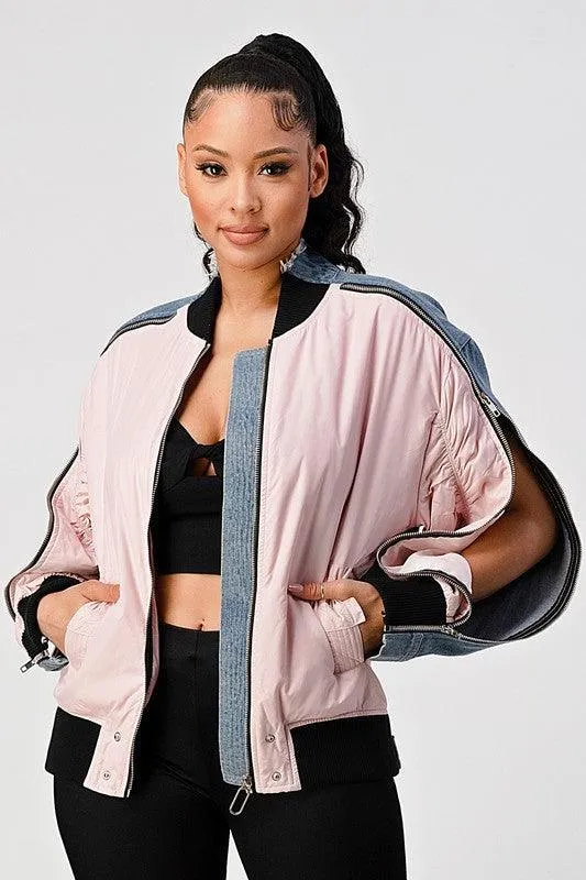 ZIP UP DENIM BOMBER JACKET WITH ZIPPERED SLEEVES