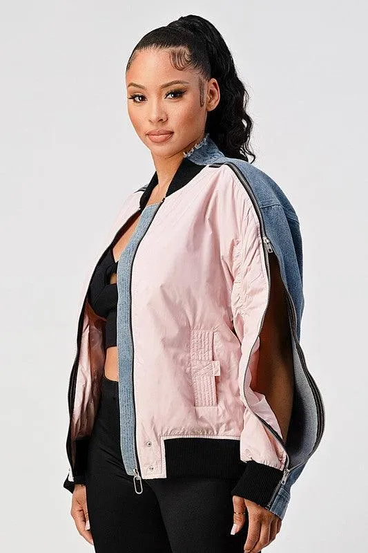 ZIP UP DENIM BOMBER JACKET WITH ZIPPERED SLEEVES