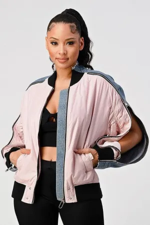 ZIP UP DENIM BOMBER JACKET WITH ZIPPERED SLEEVES